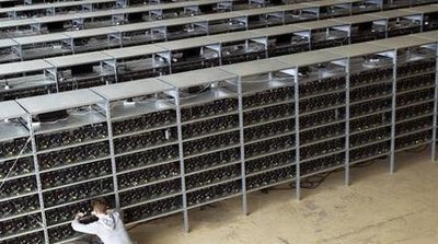 A bustling mining farm equipped with Iceriver rigs, showcasing rows of efficient hardware that optimize Bitcoin and Ethereum mining operations