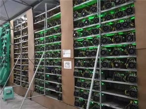 Rows of mining rigs in a large-scale mining farm with air-cooling fans