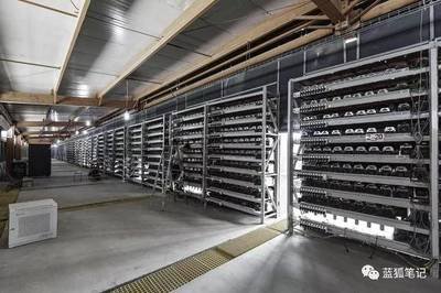 A modern crypto mining farm with rows of ASICs and robust cooling systems